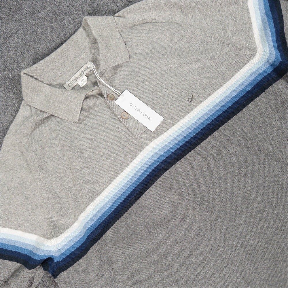Outerknown Mens Organic Cotton Knit Polo Sweater Grey Blue Stripe Size M #4855